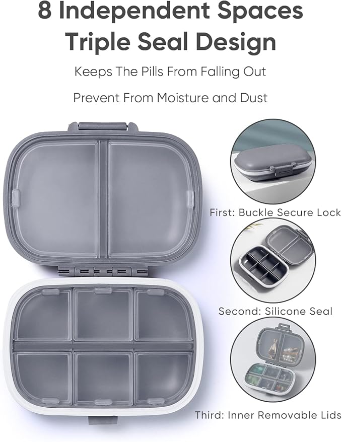 Holii Travel Pill Organizer, 8 Compartments Portable Pill Case, Daily Pill Box to Hold Vitamins, Small Pill Container for Pocket Purse Medicine Organizer（Gray）