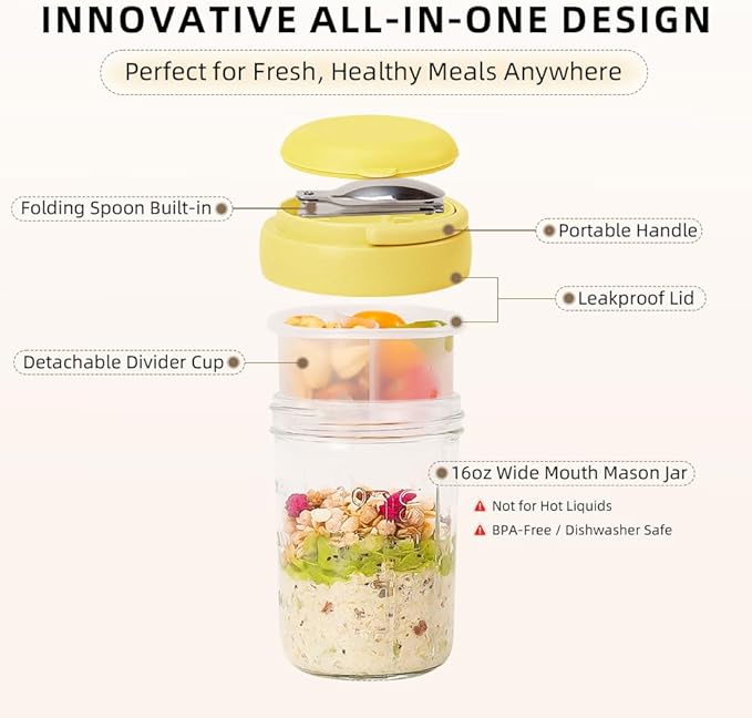UWILLION 2 Pack Overnight Oats Containers with Lids and Handles, Folding Spoons & Divided Compartments for Fruit & Nuts, 16oz Glass Mason Jars for Oatmeal, Meal Prep & Breakfast (Cream/Yellow)