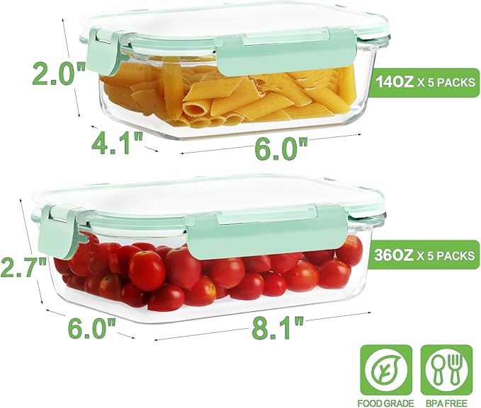 10 Pack Borosilicate Glass Meal Prep Containers with Locking Lids, Glass Food Storage Containers Set, Airtight Lunch Bento Boxes, BPA-Free & Leak Proof, 36oz & 14oz, Freezer, Oven Safe-Blue