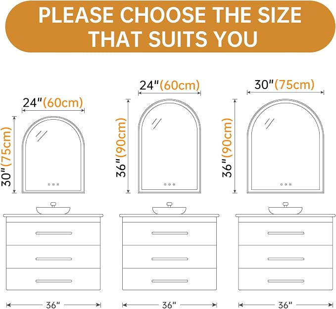 Arched LED Mirror for Bathtoom 24"x36", Shatterproof, Touch Sensor, 3 Color - Image 2