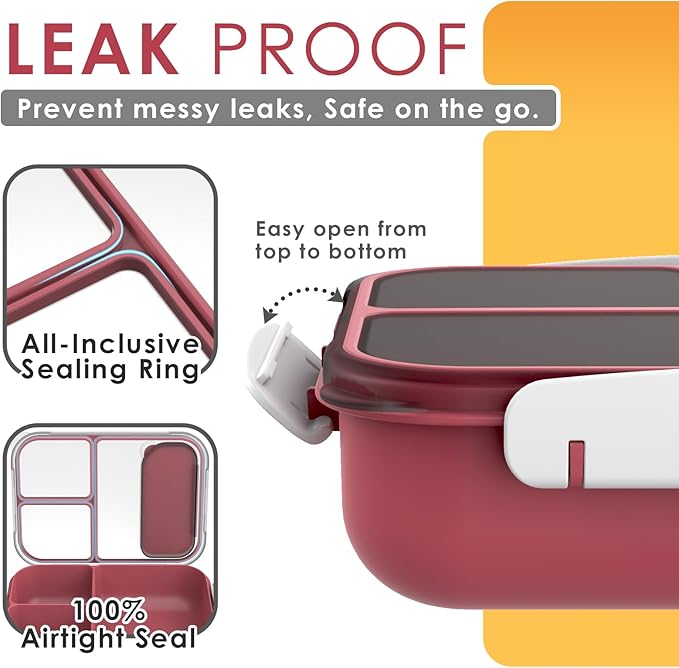 WHALEHOUSE Large Capacity Bento Box for Adult, 1700ML 3 Compartments Lunch Box with Utensil, Airtight Food Container with Lids for Meal Prep, Microwave/Dishwasher/Freezer Safe, On the Go (Red)