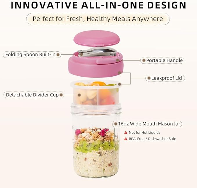 4 Pack Overnight Oats Containers with Lids and Handles, Folding Spoons & Divided Compartments for Fruit & Nuts 16oz Mason Jars for Oatmeal Yogurt Container with lids (Black/D-Blue/Cream/Purple)