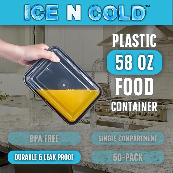 ICE N COLD Reusable To-Go Food Meal Prep Storage Containers with Leak Proof Snap Lids 58oz | 1715ml | 150-Pack