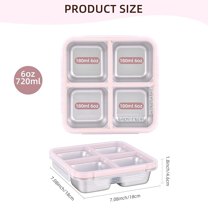 Stainless Steel Snack Containers with Lids, 4 Pack 4 Compartment Meal Prep Containers, Reusable Bento Box with Assorted Colors, Food Storage for Lunch, Work (Pink/Blue/Orange/Yellow)