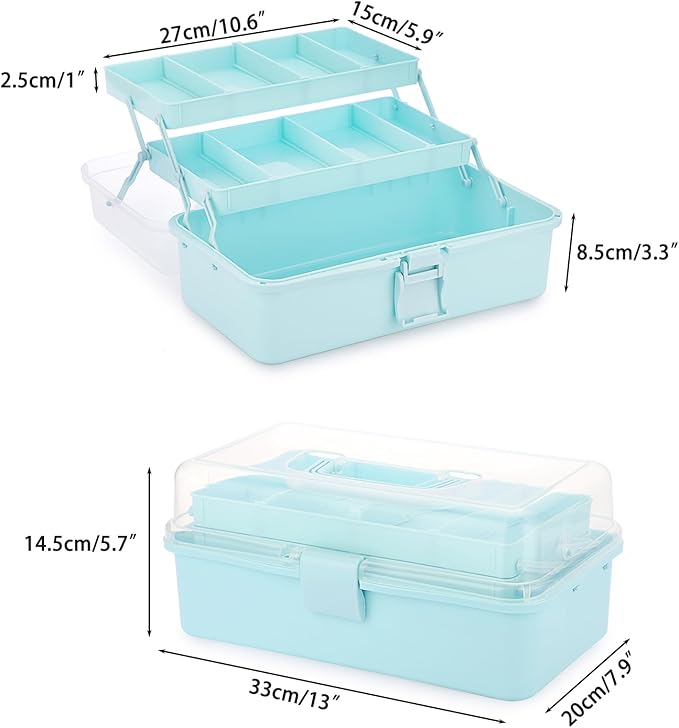BTSKY 3-Layer Plastic Dividing Storage Box Craft Organizer and Storage with Adjustable Spacers Portable Handled Art Supply Organizer Multipurpose Home Utility Box for Medicine, Sewing(Blue)