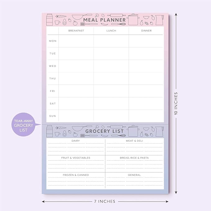 Sweetzer & Orange Meal Planner Notepad and Grocery List | 7x10 inch Pad for Organized Weekly & Daily Planning | Tear-Off Grocery Magnetic Notepad Checklist for Convenient Shopping