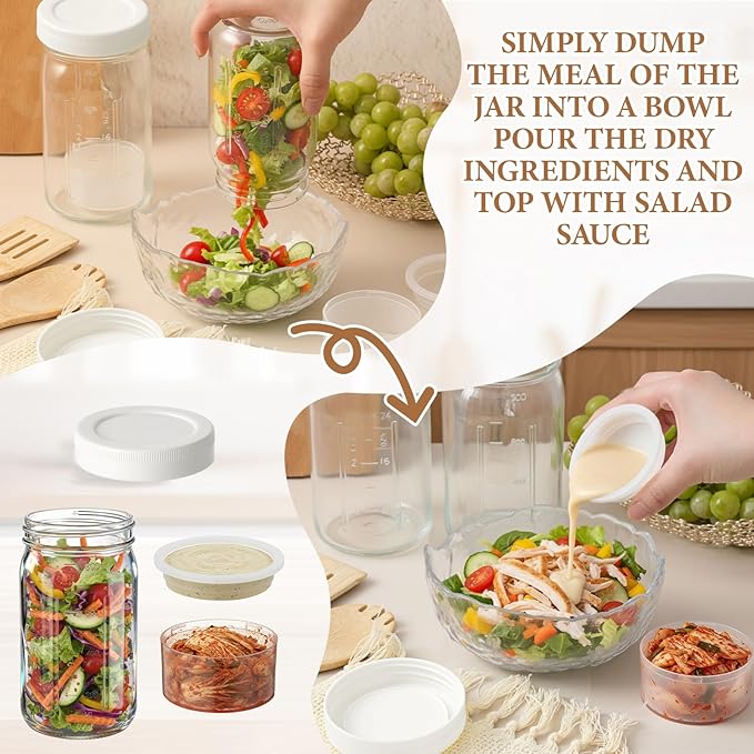 6 Pack 32oz Glass Salad Jars with 2 Dressing Cups & Leak Proof Lids - Meal Prep Containers for Lunch, Wet Dry Separation Container for Work Office Picnic, Overnight Oats(White)