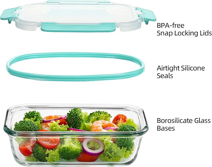Glass Food Storage Containers 10 Pack - 22Oz Meal Prep Container Set with Lid, Airtight Snap Lock, Microwave Freezer Oven Dishwasher Safe, Lunch Box for Work, Mint