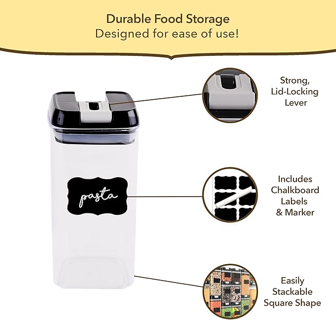 Simply Gourmet Airtight Food Storage Containers with Lids – 6 Piece Slim Kitchen Pantry Organization Set, 5 Cup Capacity, BPA-Free Clear Plastic, Stackable Containers for Flour, Sugar, Rice, Snacks
