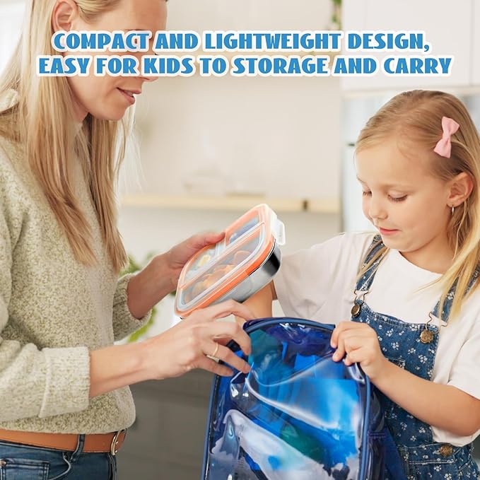 2 Pack Stainless Steel Snack Containers for Kids, 3 Compartments Reusable on the go Bento Box with Lids, Lunch Box Pre Meal Storage for School Outdoor Camping Travel - White & Orange