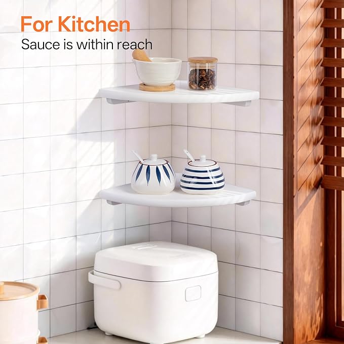Gieanoo Floating Corner Shelves Set 2 10inch White Solid Oak Rounded Corner - Image 8