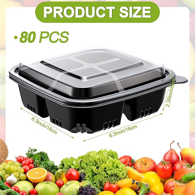 80 Pack 4-compartment Bento Snack Boxes with Lids Divided Lunch Containers for Travel School Camping Outdoor Home (Black)