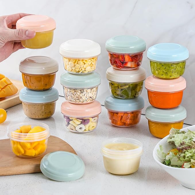 VITEVER [16 Pack] 4 oz Small Containers with Lids, Reusable Plastic Jars for Snack and Puree, Salad Dressing Container to Go, Deli Containers, Freezer Baby Food Containers, Dishwasher Safe, BPA Free