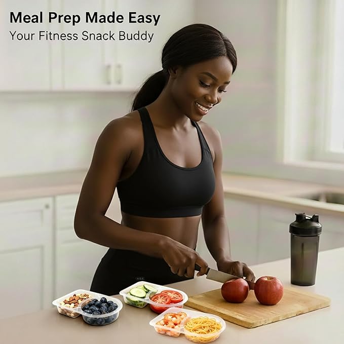 50 Sets 4.5 Oz Reusable snack containers with lids, Disposable Double Compartment Plastic Container for Sauce Snack,Condiment Container with Lid,Snacks Box Meal Prep Travel