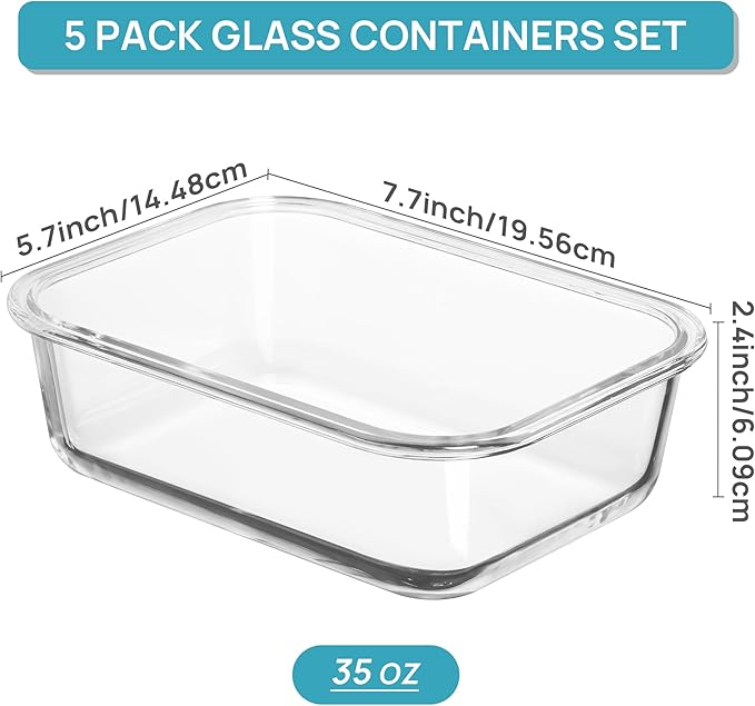 Vtopmart 5 Pack 35oz Glass Food Storage Containers with Lids, Meal Prep Containers, Airtight Reusable Lunch Container Set, Safe for Oven, Microwave, Freezer, and Dishwasher, Green