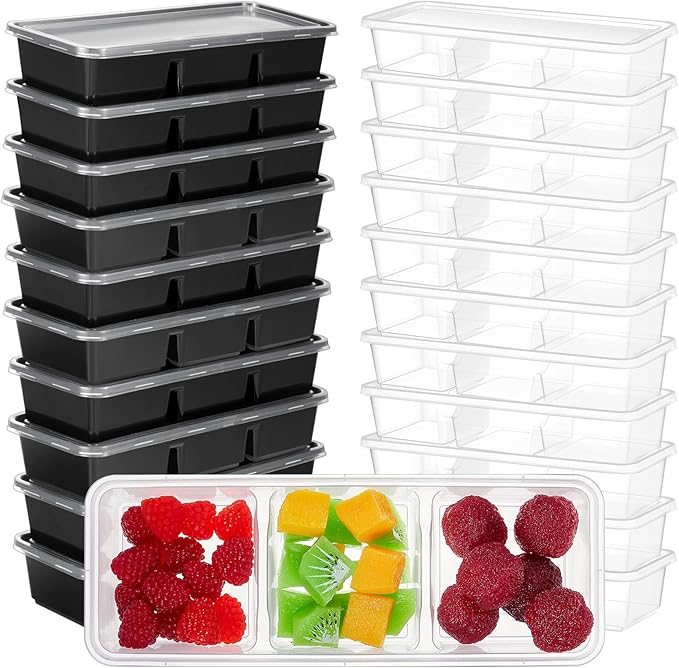 Hushee 25 Pack 17 oz Small Meal Prep Containers with 3 Compartments Snack Containers with Lid Disposable Plastic Bento Box Travel Lunch Food Boxes Stackable for Office Picnic (Black,Clear)