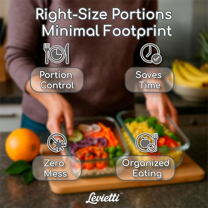 Levietti 2-Pack Borosilicate Glass Food Storage Containers with Lids 35oz (1040 ml) — Airtight Leakproof Meal Prep Containers, BPA-Free Snap Lock Lids, Oven Microwave Freezer Dishwasher Safe