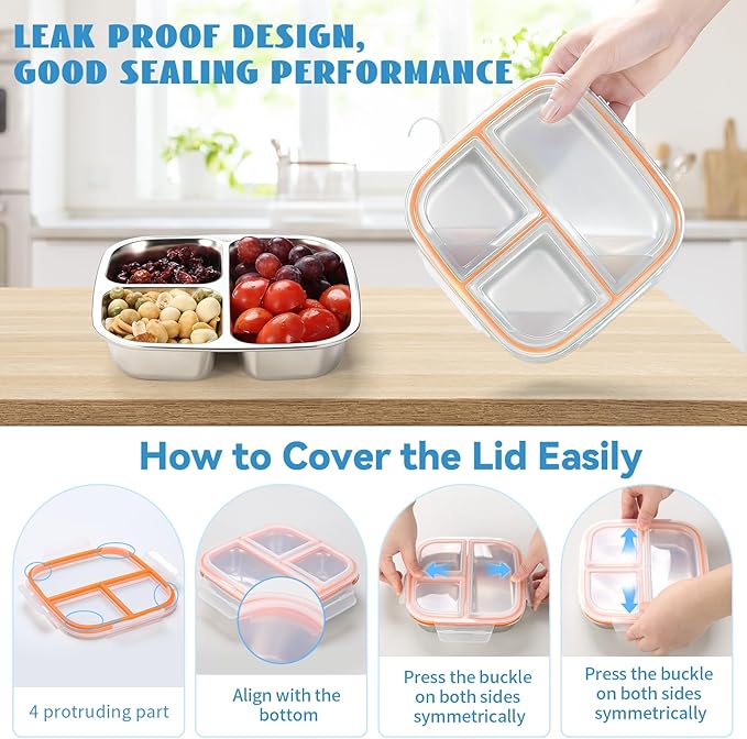 2 Pack Stainless Steel Snack Containers for Kids, 3 Compartments Reusable on the go Bento Box with Lids, Lunch Box Pre Meal Storage for School Outdoor Camping Travel - White & Orange