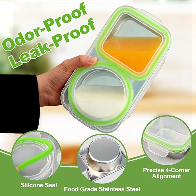 2Pack Stainless Steel Snack Containers with Lids, 13oz 2 Compartment Snackle Box, Leakproof Reusable Bento Box Metal Lunch Container Food Storage for Travel, Picnics, Office (Green)