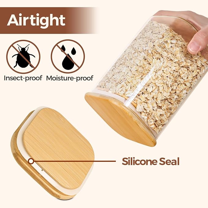ComSaf Airtight Glass Storage Canister with Lids (0.7Qt/1.2Qt/1.6Qt) Set of 6, Food Storage Container Kitchen Pantry Storage Jar, Glass Jars for Flour Cereal Sugar Tea Coffee Beans Snacks, Square