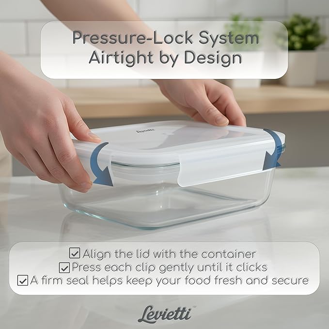 Levietti 2-Pack Borosilicate Glass Food Storage Containers with Lids 35oz (1040 ml) — Airtight Leakproof Meal Prep Containers, BPA-Free Snap Lock Lids, Oven Microwave Freezer Dishwasher Safe