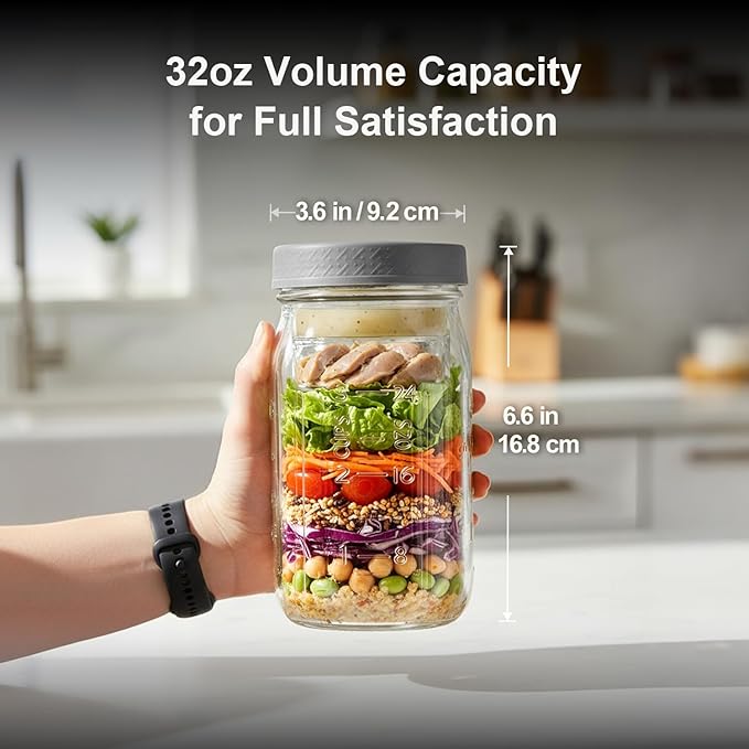 ComSaf 32oz Glass Salad Jars for Lunch 2-Pack, Round Mason Meal Prep Jars with Dressing Cup & Leakproof Lid, Anti-Soggy Salad Shaker for Office & Fitness, Precision Portion Control, Wellness