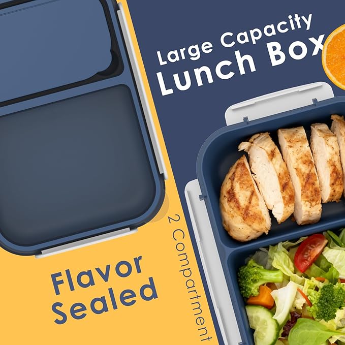 WHALEHOUSE Large Capacity Bento Lunch Box for Adult, 1600ML 2 Compartments Meal Prep Container with Utensil, Airtight Food Storage Container with Snap Locking Lids, Microwave/Dishwasher/Freezer Safe