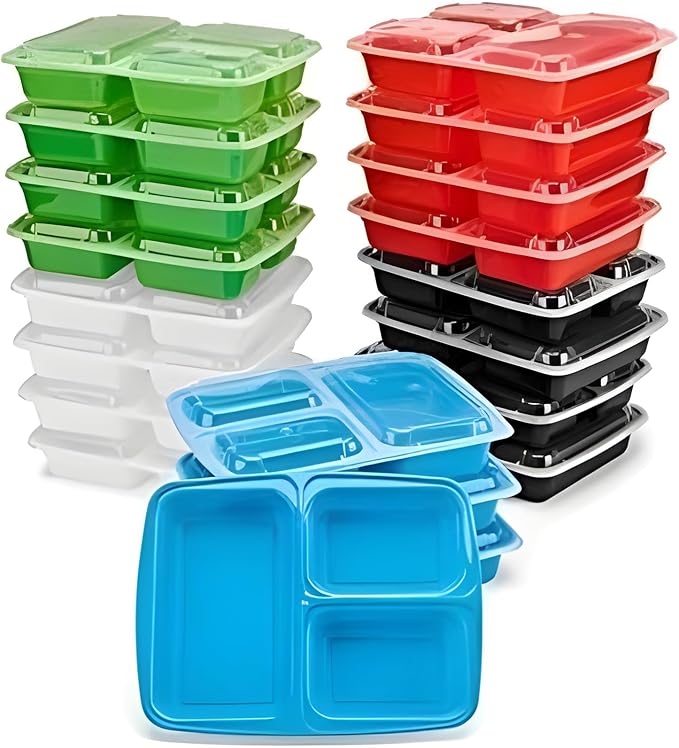 Bexter 10 Pack Compartment Trays with 10 Lids for Takeout and Food Storage / 3 Section compartment for portion control