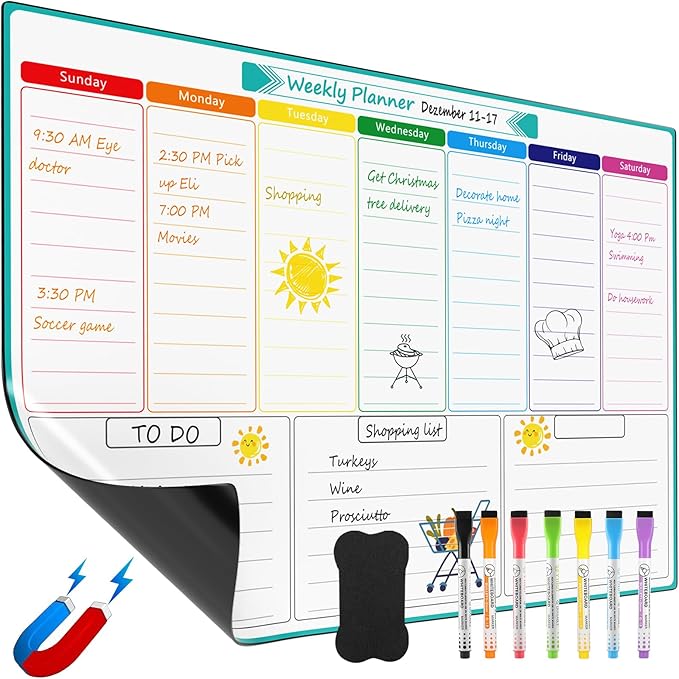 MaxGear Weekly Dry Erase Board for Fridge, 16"x12" Magnetic Calendar Whiteboard Planner for Refrigerator with Stain Resistant Technology, Include 7 Fine Point Markers and 1 Eraser