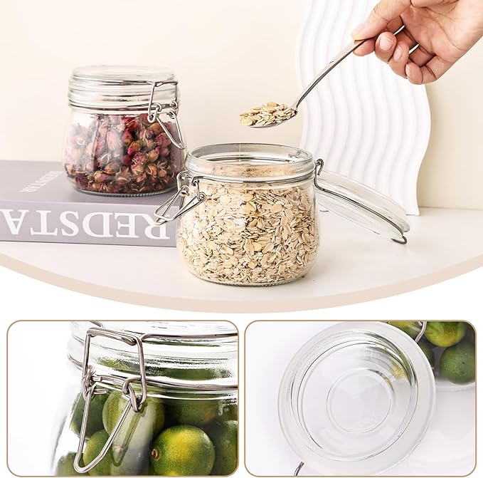 Liuruiyu 16oz - 6 Pack Round Glass Jars with Airtight Lid, Wide Mouth Mason Jars with Clamp Lids, Air Tight Glass Canisters, Food Storage Containers for Cereal, Pasta, Beans, Sugar, Coffee, Spice