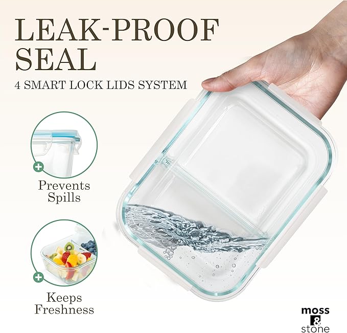 Moss and Stone Rectangular Borosilicate Glass Meal Food Containers - Prep Food Storage Containers Airtight - Snap Locking Lids – Microwave, Oven, Freezer, Dishwasher Safe – with 2 Compartment 2 Pack