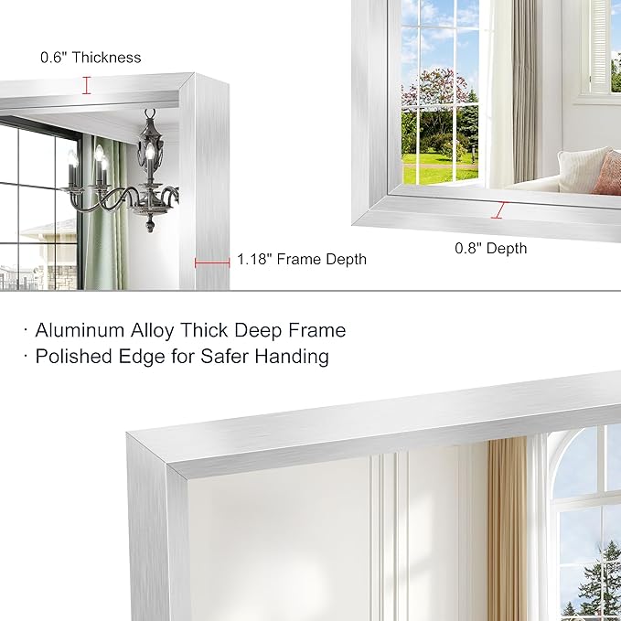 42x30 Silver Bathroom Mirror, Brushed Silver Rectangular Mirror - Image 6