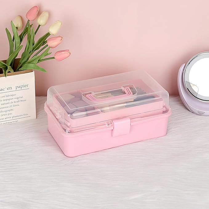 BTSKY 3-Layer Plastic Dividing Storage Box Craft Organizer and Storage with Adjustable Spacers Portable Handled Art Supply Organizer Multipurpose Home Utility Box Organizer (Pink)