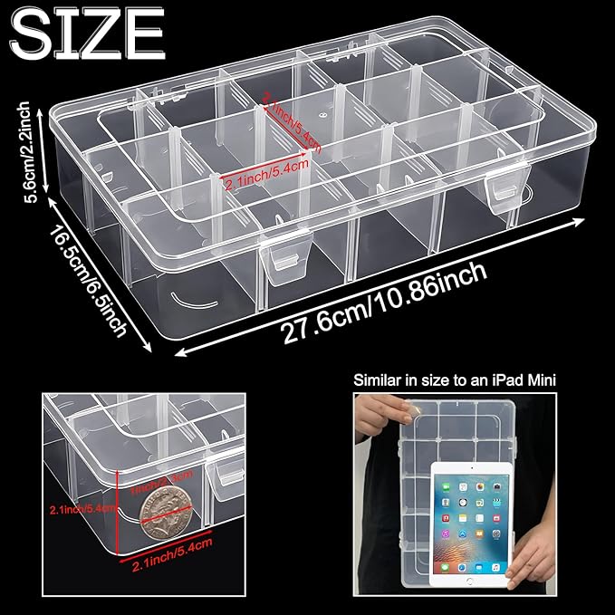 DUOFIRE Plastic Organizer Container Storage Box Adjustable Divider Removable Grid Compartment for Jewelry Beads Earring Container Tool Fishing Hook Small Accessories（Large 15 Grids，White）