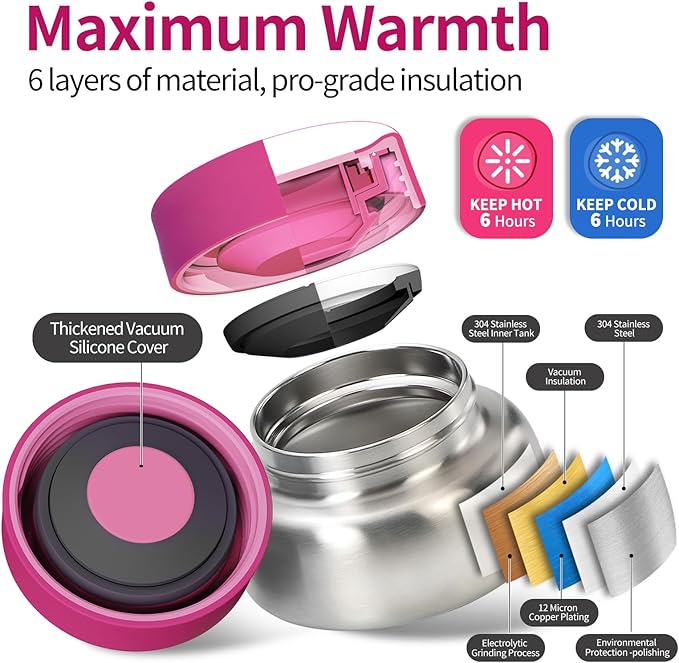 Bento Box for Kids with Thermos, [Large Capacity] Insulated Kids Lunch Box with 4 Compartment for Ages 3+, Drop-Proof & Dishwasher Safe Lunchbox Container Pink