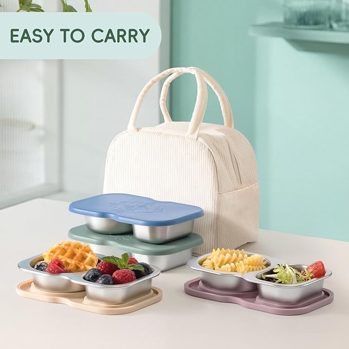 VITEVER 2 Pack Stainless Steel 2-Compartment Small Snack Containers with Lids, Reusable Snack Pack Containers, Lunch Box Accessories,Double Compartment Salad Dressing Containers to Go, 5.3oz