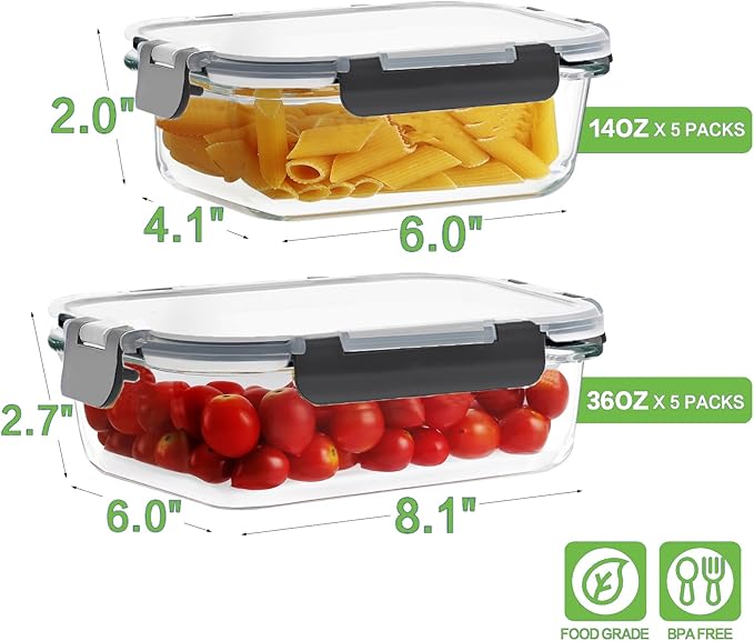 HOMBERKING 10 Pack Borosilicate Glass Meal Prep Containers with Locking Lids, Glass Food Storage Containers Set, Airtight Lunch Bento Boxes, BPA-Free & Leak Proof, 36oz & 14oz, Freezer, Oven Safe
