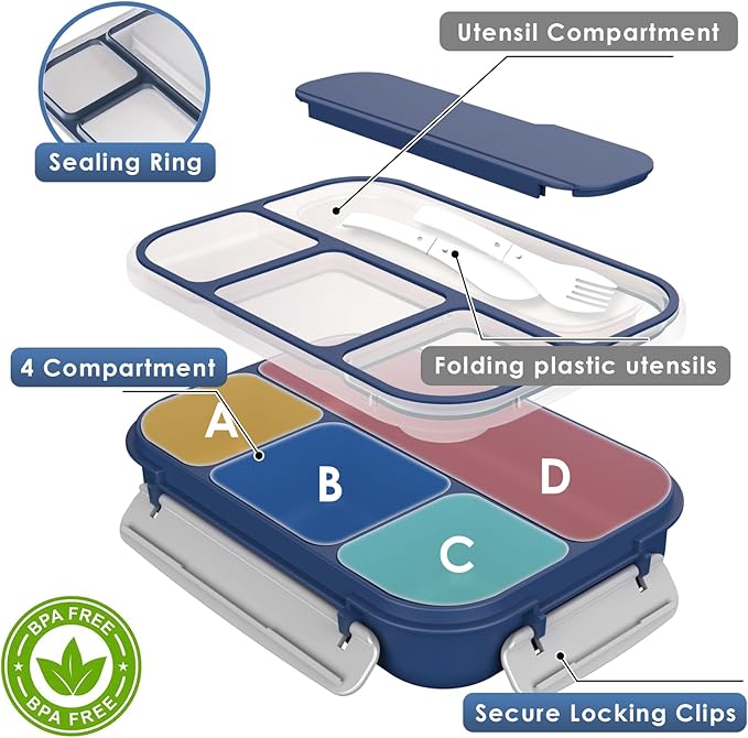 WHALEHOUSE Bento Lunch Box, 1000ML 4 Compartments Meal Prep Container with Utensil, Airtight Food Storage Container with Snap Locking Lids, Microwave/Dishwasher/Freezer Safe, On the Go