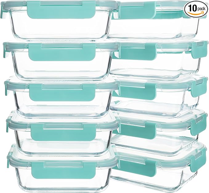10 Pack 22 oz Glass Meal Prep Containers, Food Storage Containers with Lids, Airtight Leakproof Lunch Containers for Kitchen, Freezer, Microwave, Dishwasher Safe (Mint Green)