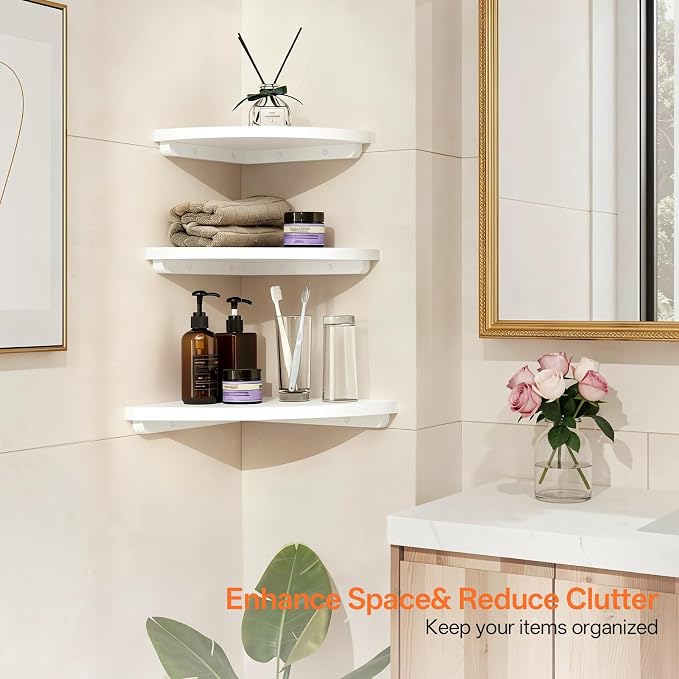 Gieanoo Floating Corner Shelves Set 2 12inch White Solid Oak Rounded Corner - Image 5