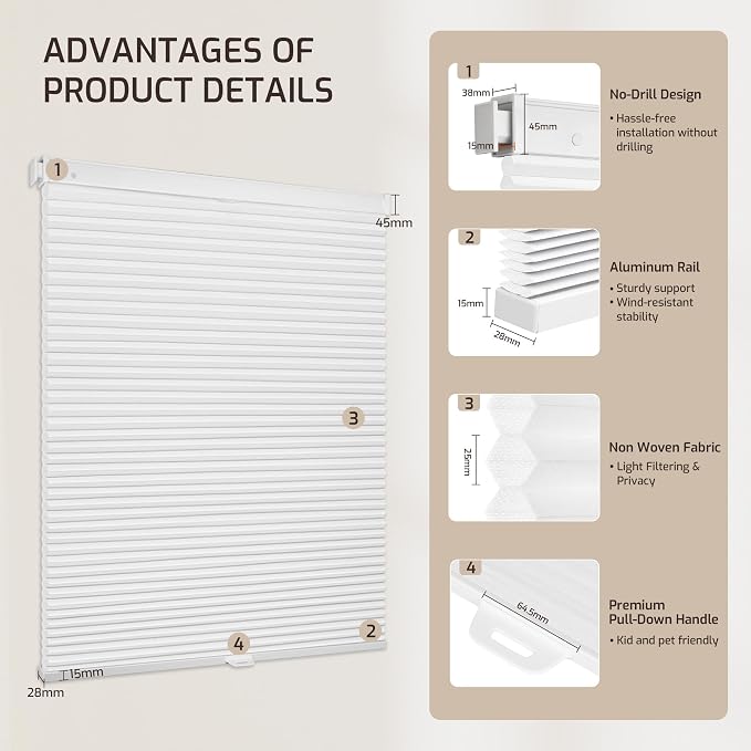 Grandekor No Drill No Tools Cordless Cellular Shades, 26.5" W x 64" H, Light - Image 9