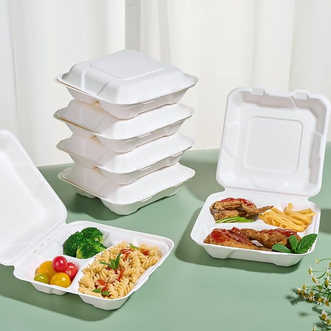 JOLLY CHEF Disposable Clamshell Take Out Food Containers, [8 * 8" 50-Pack] 3-Compartment Sugarcane Clamshell Takeout Boxes, 50-Pack To Go Boxes for Restaurants & Meal Prep