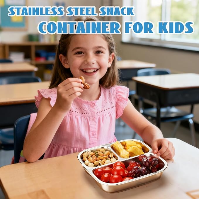 2 Pack Snack Containers for Kids, 3 Compartments Reusable on the go Bento Box with Lids, Stainless Steel Lunch Box Pre Meal Storage for School Outdoor Camping Travel - Blue & Orange