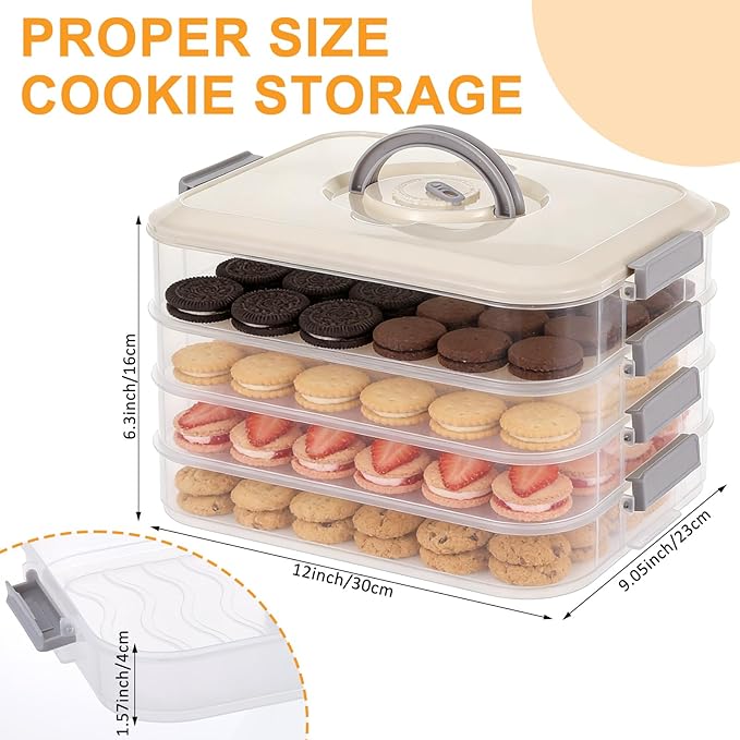 4-Tier Stackable Cookie Storage Container with Lids & Handle, White Cookie Storage, Airtight Plastic Food Organizer for Dumplings, Wonton, Donuts, Snacks, Fridge & Pantry Organization