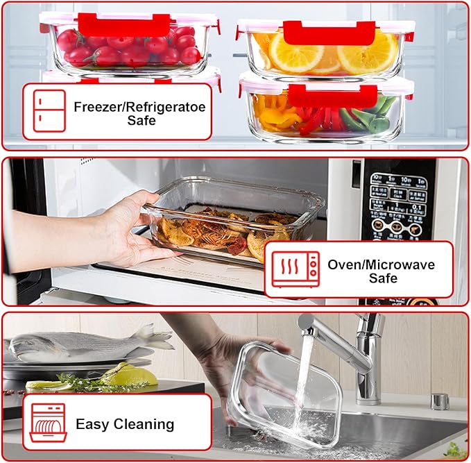 VERONES 5 Pack 36 OZ Glass Meal Prep Containers, Airtight Glass Lunch Containers Set, Glass Food Storage Containers with Lids,Exclusive of BPA, for Microwave, Oven, Freezer & Dishwasher Friendly,Red