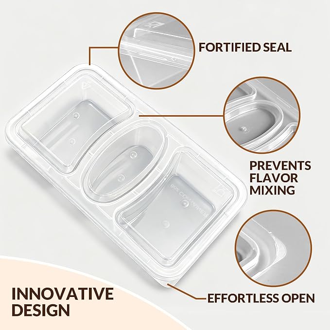 HI-REEKE 8 OZ New 3 Compartment Snack Containers, 20 Sets Bigger Reusable Clear Snack Packs Container with Lids