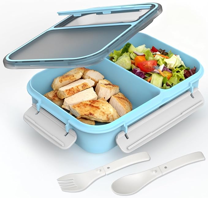 WHALEHOUSE Large Capacity Bento Lunch Box for Adult, 1600ML 2 Compartments Meal Prep Container with Utensil, Airtight Food Storage Container with Snap Locking Lids, Microwave/Dishwasher/Freezer Safe