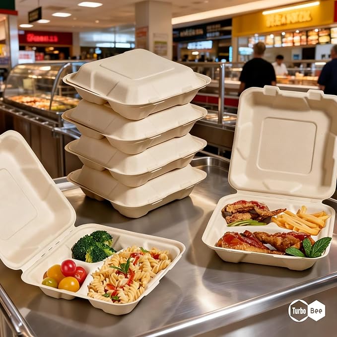 Turbo Bee 100 Pack 8x8inch Natural 3 Compartment Take Out Containers with Lids, Disposable Clamshell Meal Prep Containers, Divided Food Boxes for Food Truck, BBQ, Catering & Lunch