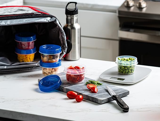 ELEGANT DISPOSABLES Twist Top Containers Small Food Storage Containers Blue Screw on Lid Reusable Stackable Leakproof Airtight, Pack of 10-4 oz Containers
