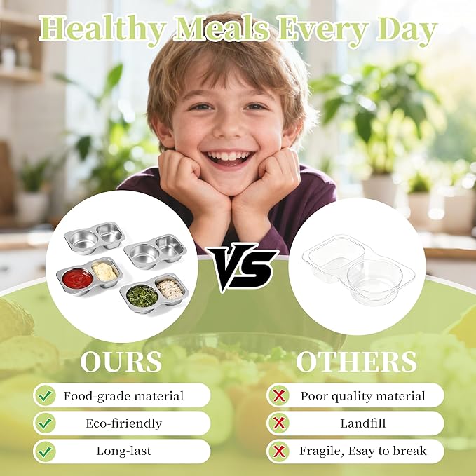 6 Pack Stainless Steel 2-Compartment Small Snack Containers with Lids 5.3oz Lunchable Meal Prep Containers for Adult Reusable Divided Stackable Bento Lunch Box Accessories for Home Travel